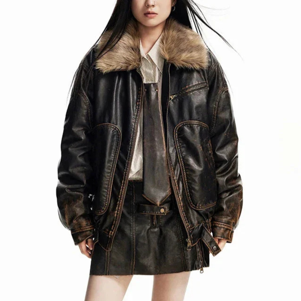 Olga | Vintage Faux-Leather Jacket with Faux-Fur Collar