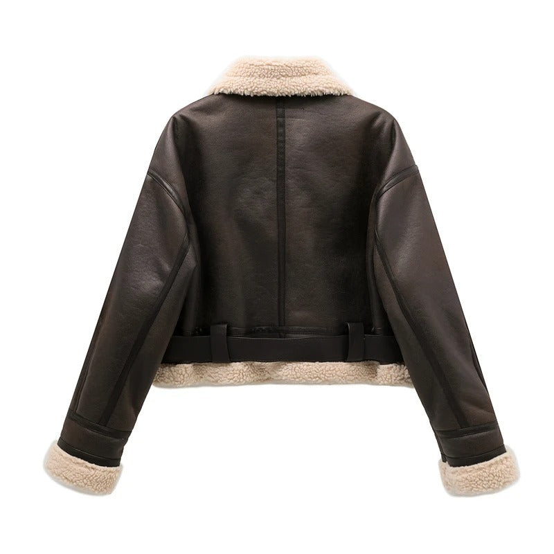 Sophia | Women’s Faux-Leather Jacket with Plush Lining – Belted