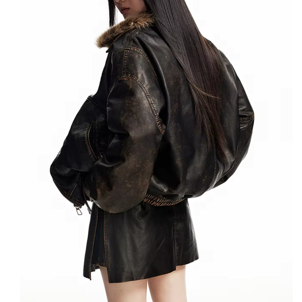 Olga | Vintage Faux-Leather Jacket with Faux-Fur Collar