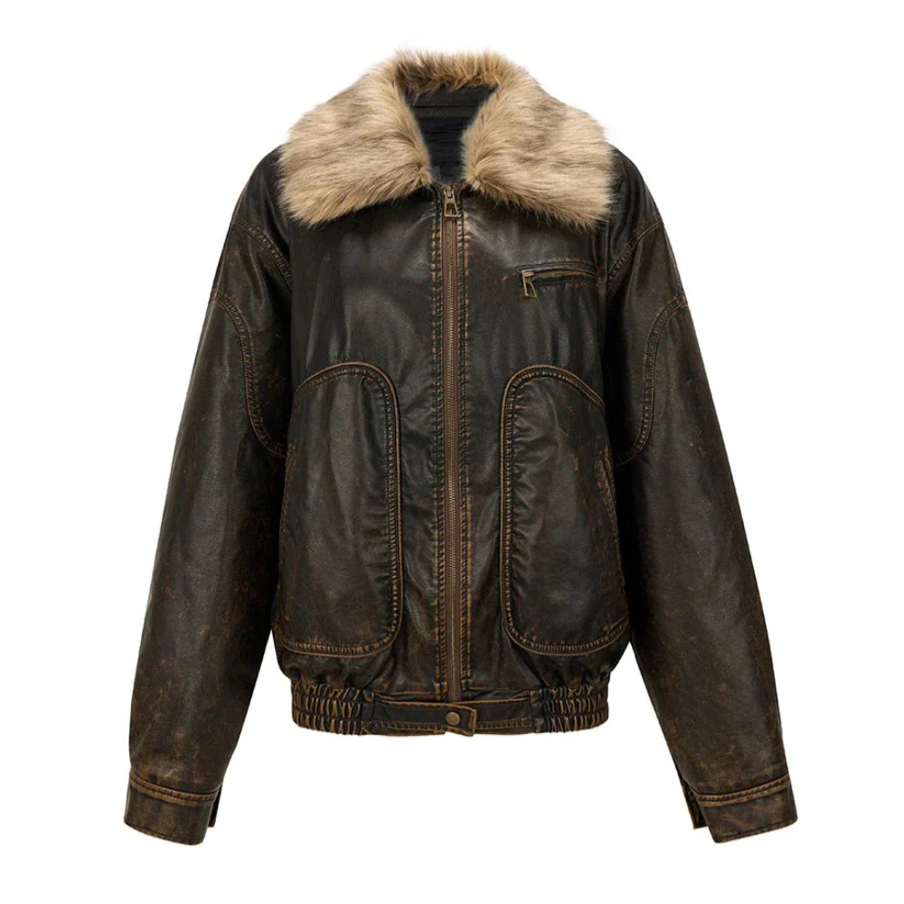 Olga | Vintage Faux-Leather Jacket with Faux-Fur Collar