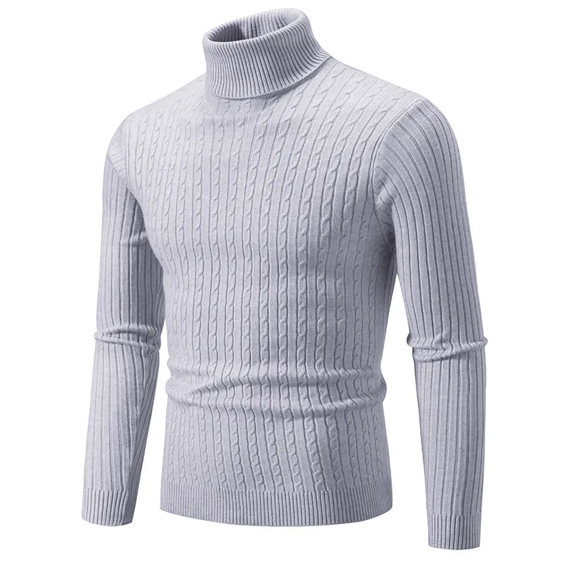 Light grey turtleneck sweater on a white background