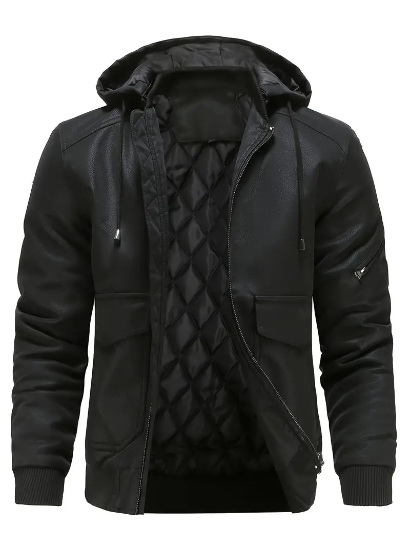 Black hooded jacket with quilted design on a white background