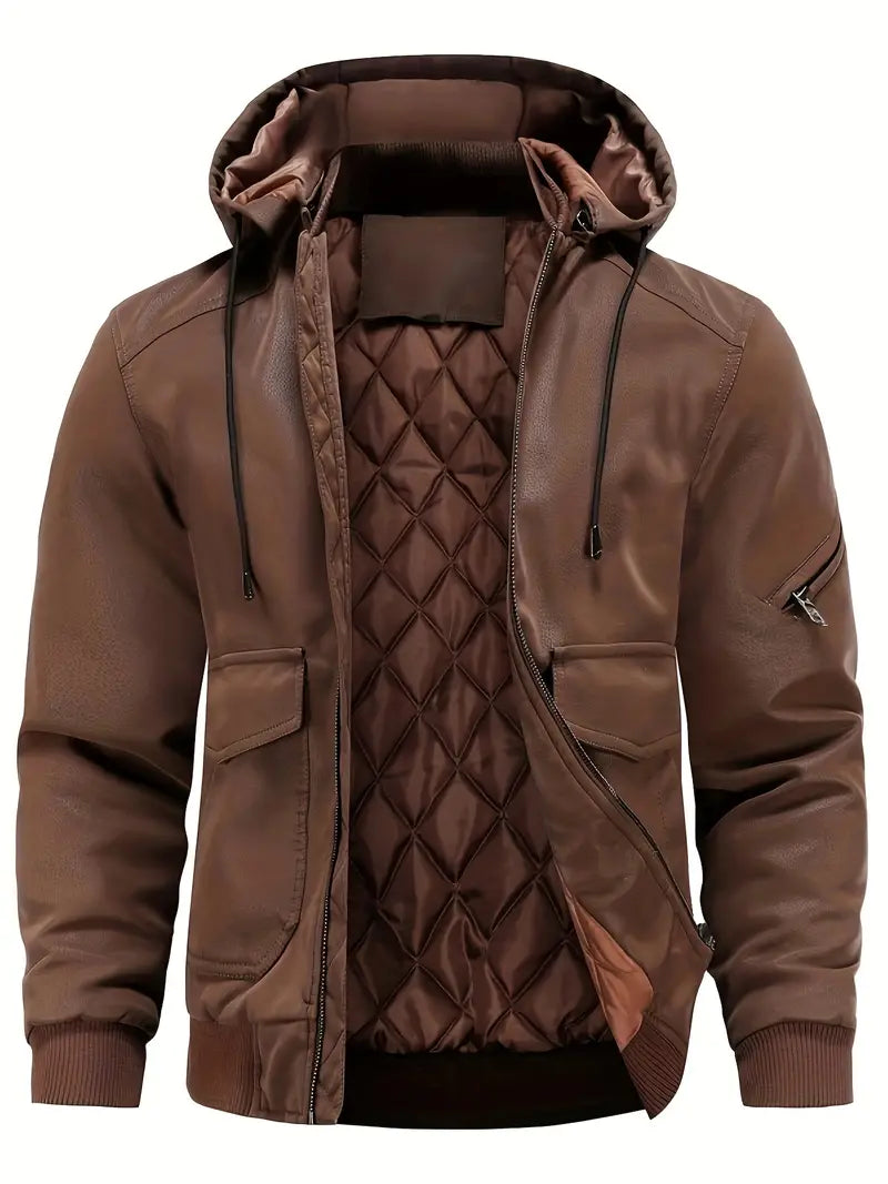 Brown quilted jacket with a hood on a white background