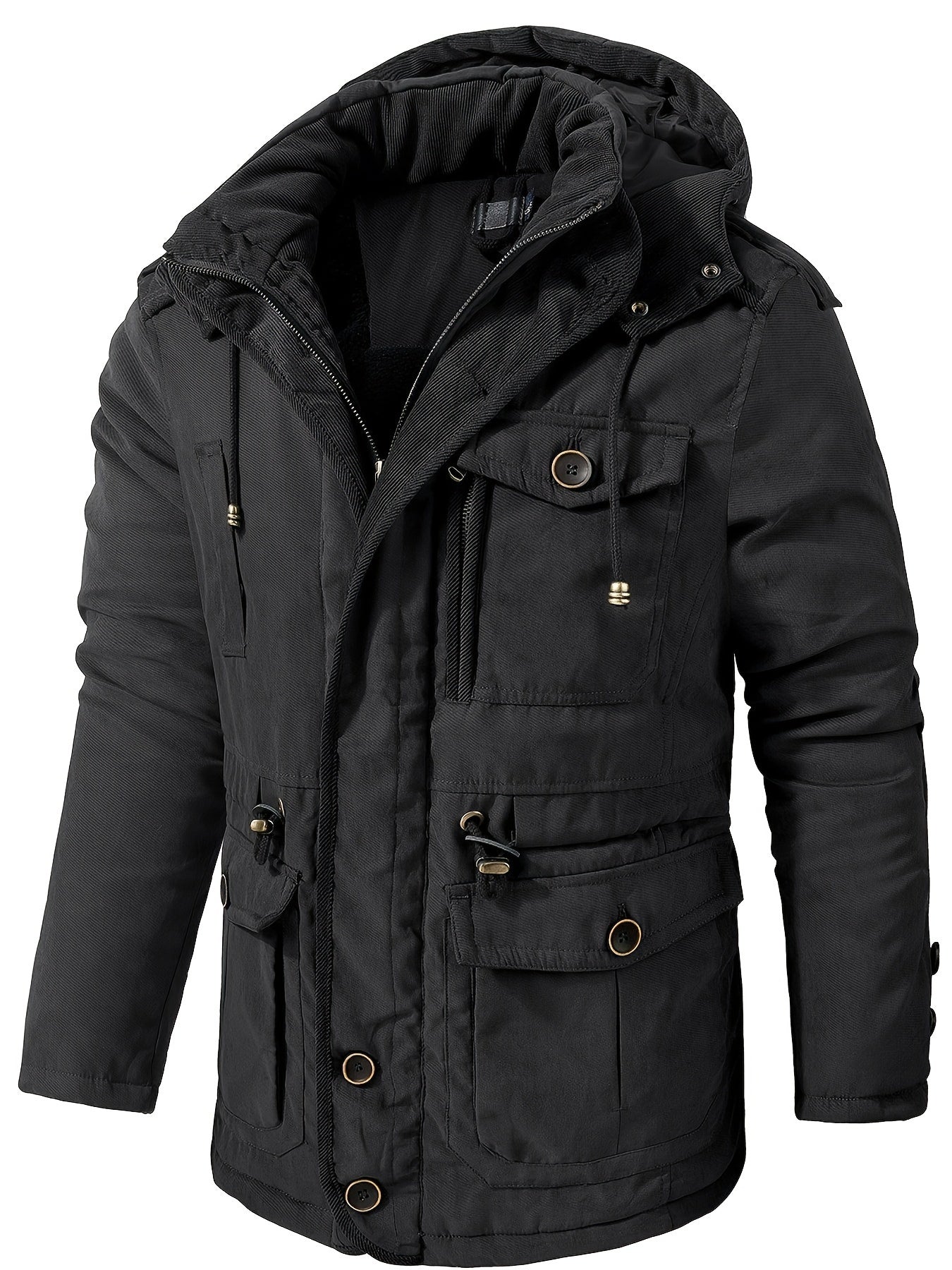 Black winter jacket with multiple pockets and a hood on a white background