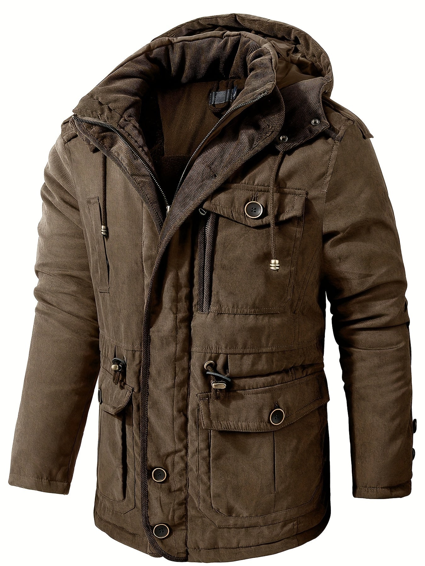 Brown winter jacket with multiple pockets and a hood on a white background