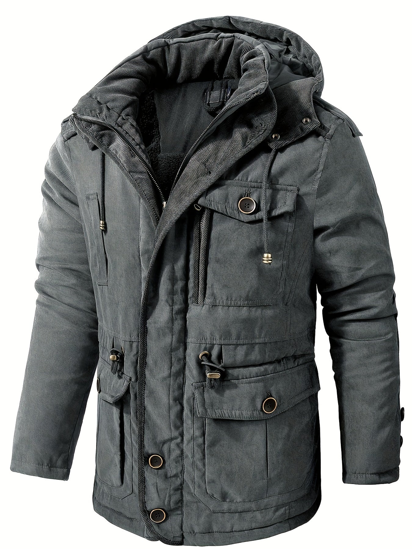 Grey winter jacket with a hood on a white background