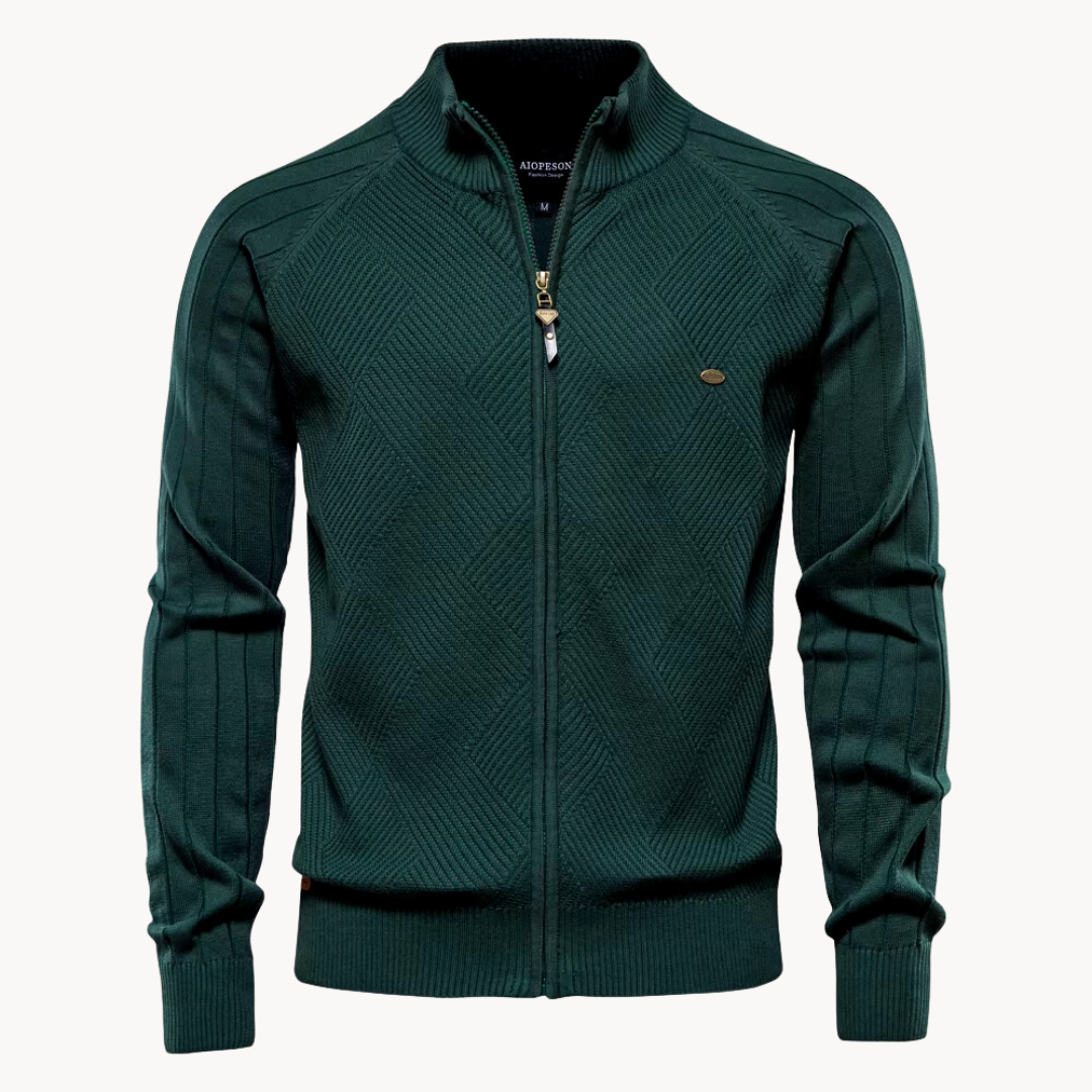 Dark green jacket with a brand logo on a white background