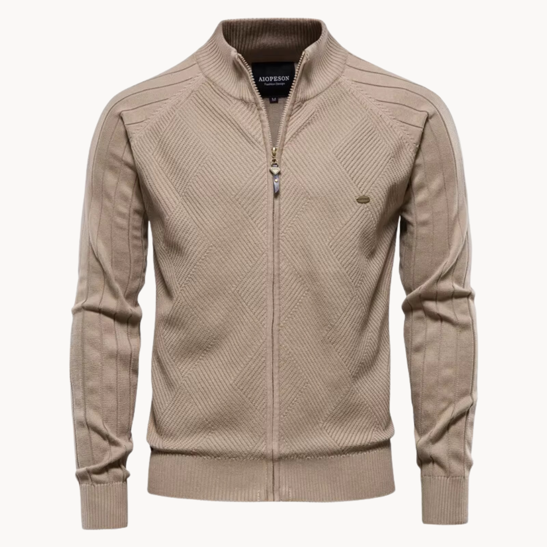 Beige jacket with a textured pattern on a white background