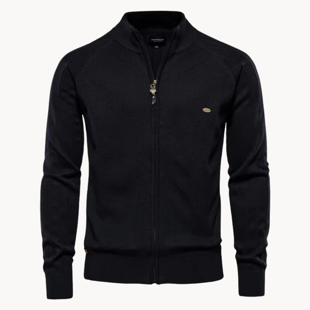 Black jacket with a textured pattern on a white background