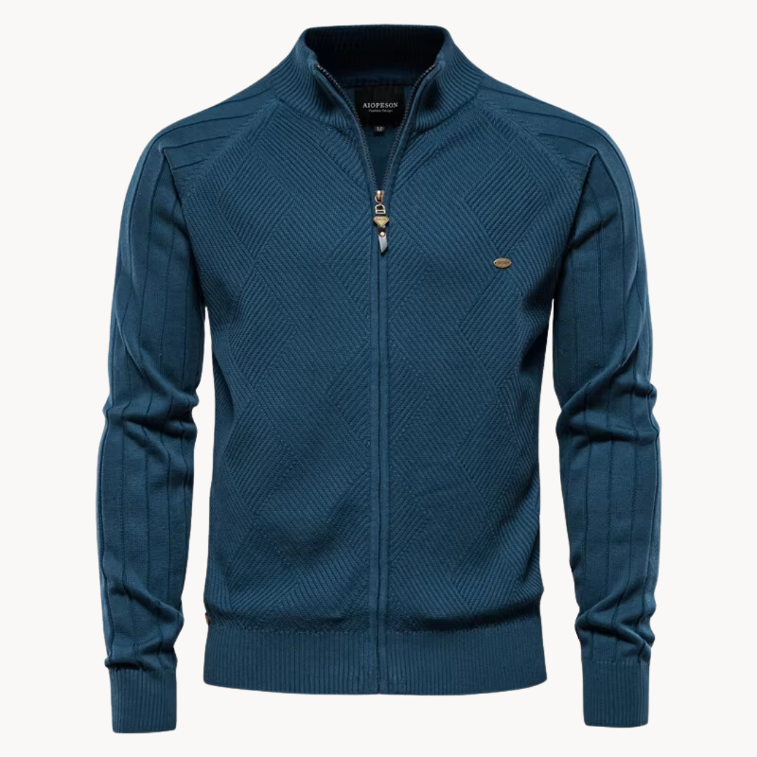 Blue jacket with a brand logo on a white background