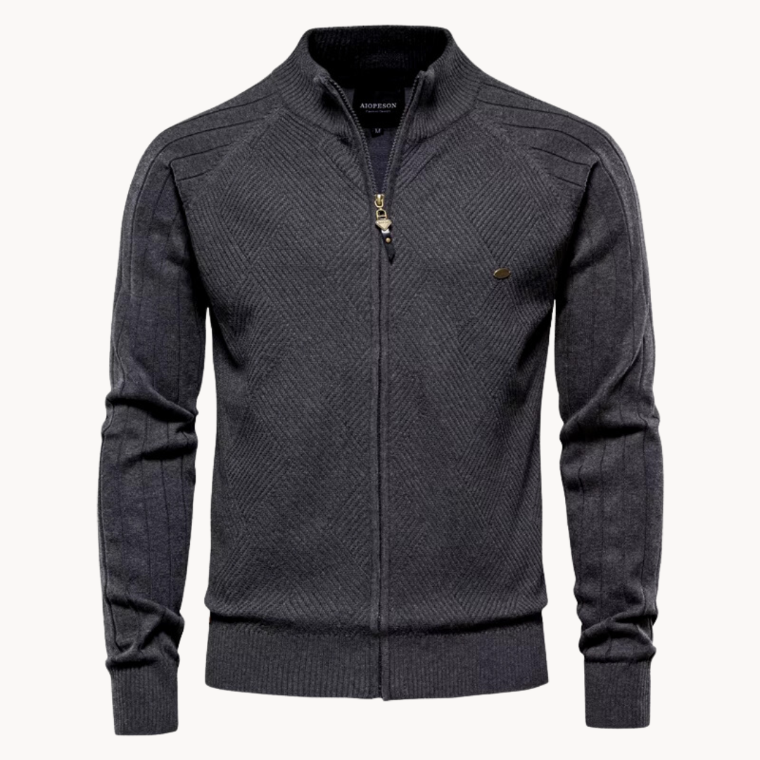 Dark grey zip-up jacket on a white background
