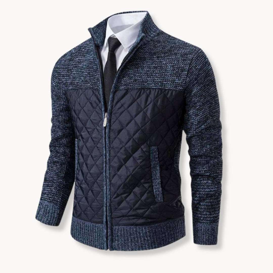 Blue quilted jacket with a white shirt and black tie on a white background
