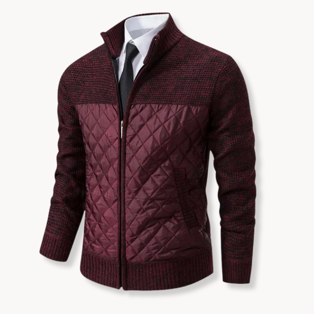 burgundy quilted jacket with a white shirt and tie on a white background