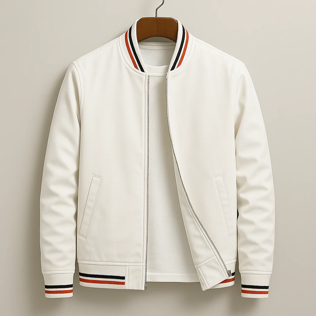 Men’s White Minimalist Bomber Jacket – Premium Zip-Up Urban Style