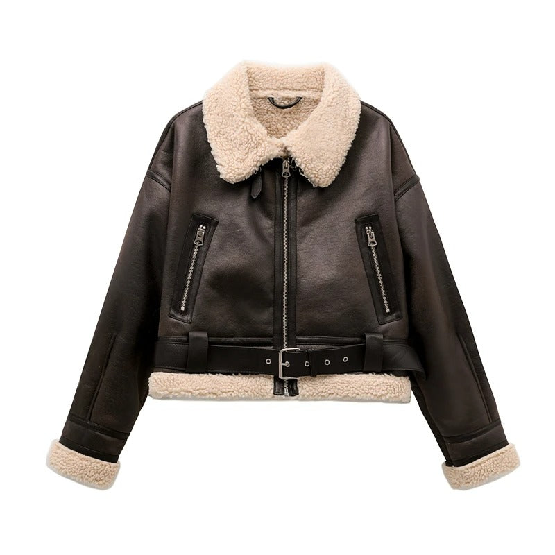 Sophia | Women’s Faux-Leather Jacket with Plush Lining – Belted